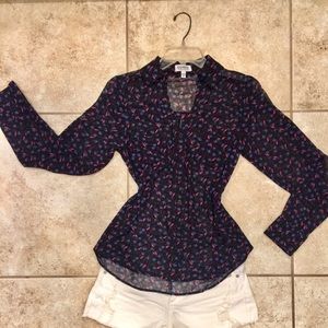 EXPRESS sheer printed blouse. Pink birds/floral
